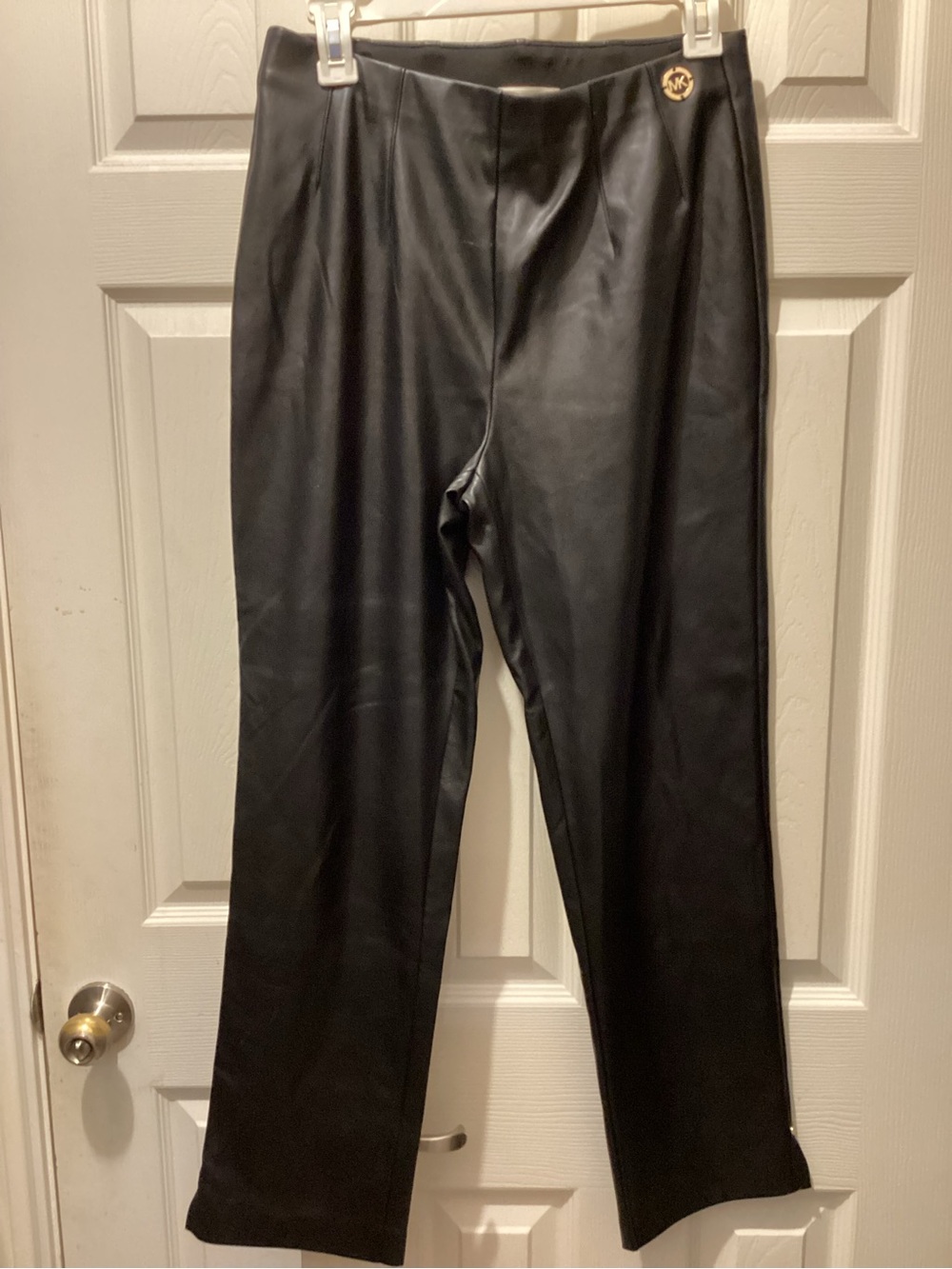 Michael Kors Black Faux Leather Straight-Leg Pants with Logo Accent